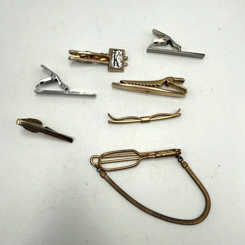 Vintage Mens Tie Clip Bar Chain Lot Swank Anson Shields Gold Silver Tone 7pc